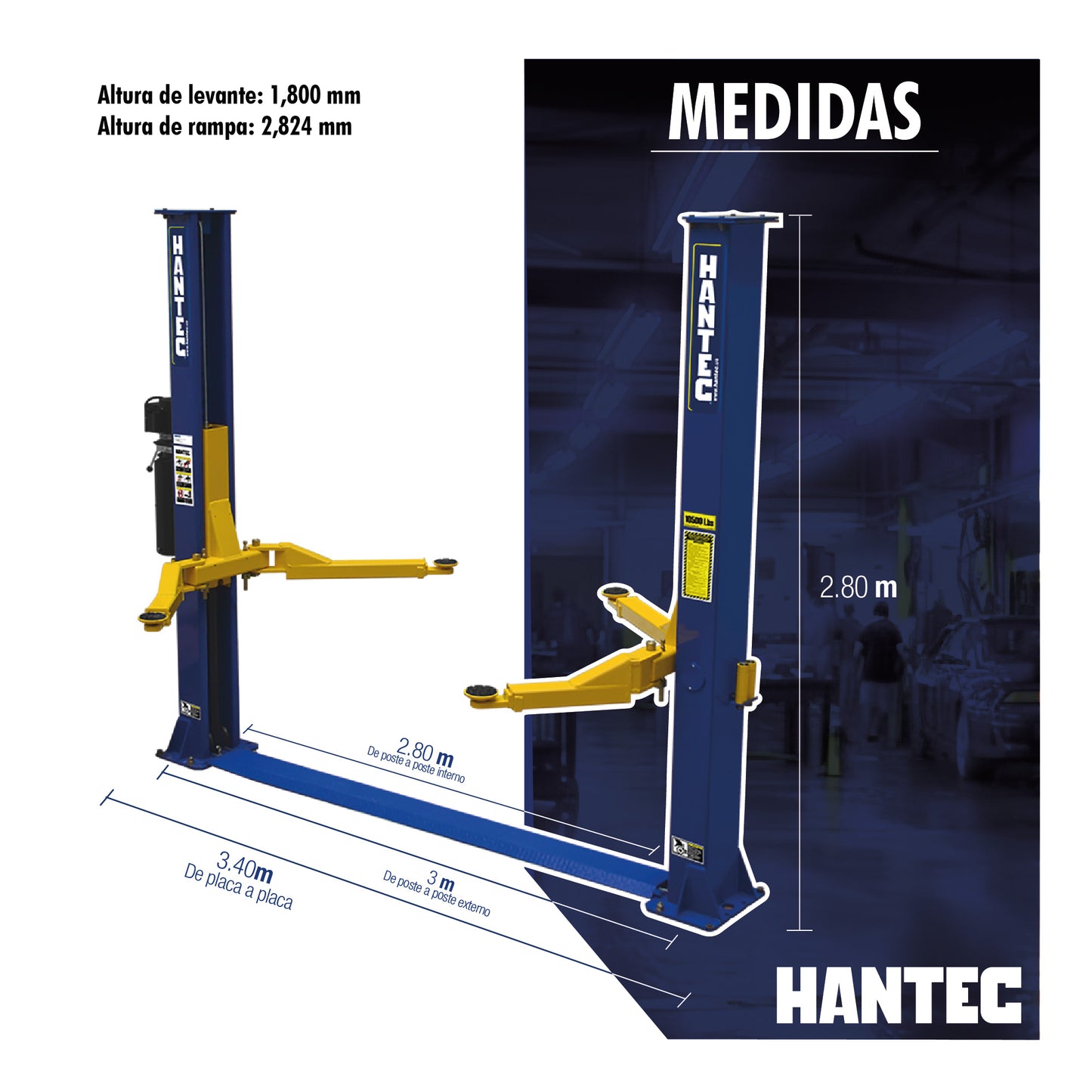 Rampa 2 postes Altura Libre Ascensor Simétrica Desbloqueo Manual 4.7 Toneladas Hantec